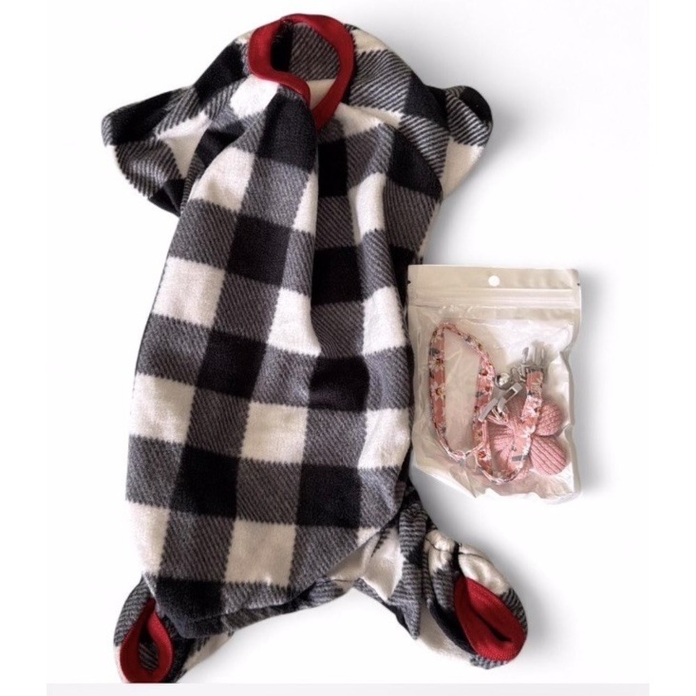 Cozy Warm‎ Fleece Dog pajama and flower adjustable pink collar , Small Breed dog